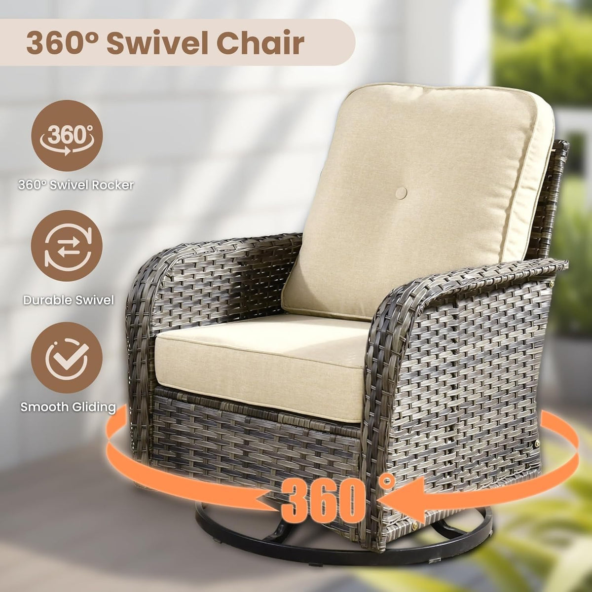 KswyyuwxgqI 8 Pieces Outdoor Patio Furniture Set with All Weather Wicker Loveseat Sofa, High Back Swivel Rocking Chairs, Conversation Tables for Backyard Deck Porch Garden(Beige)