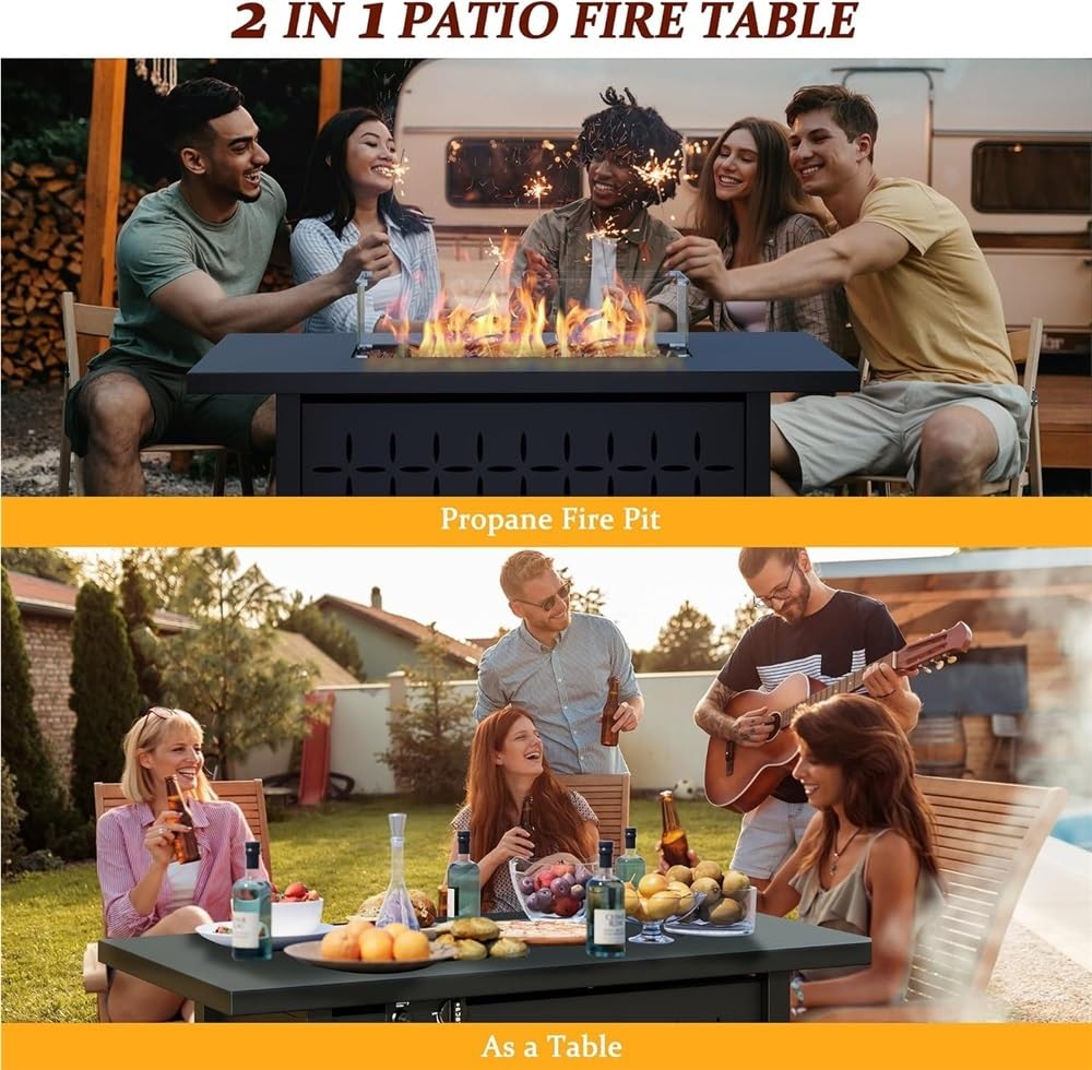UOPYNE 8 Pieces Outdoor Patio Porch Furniture Sets with Propane Fire Pit Outdoor Wicker Sofa Set Rattan Patio Furniture with Tea Table and Comfortable Cushions