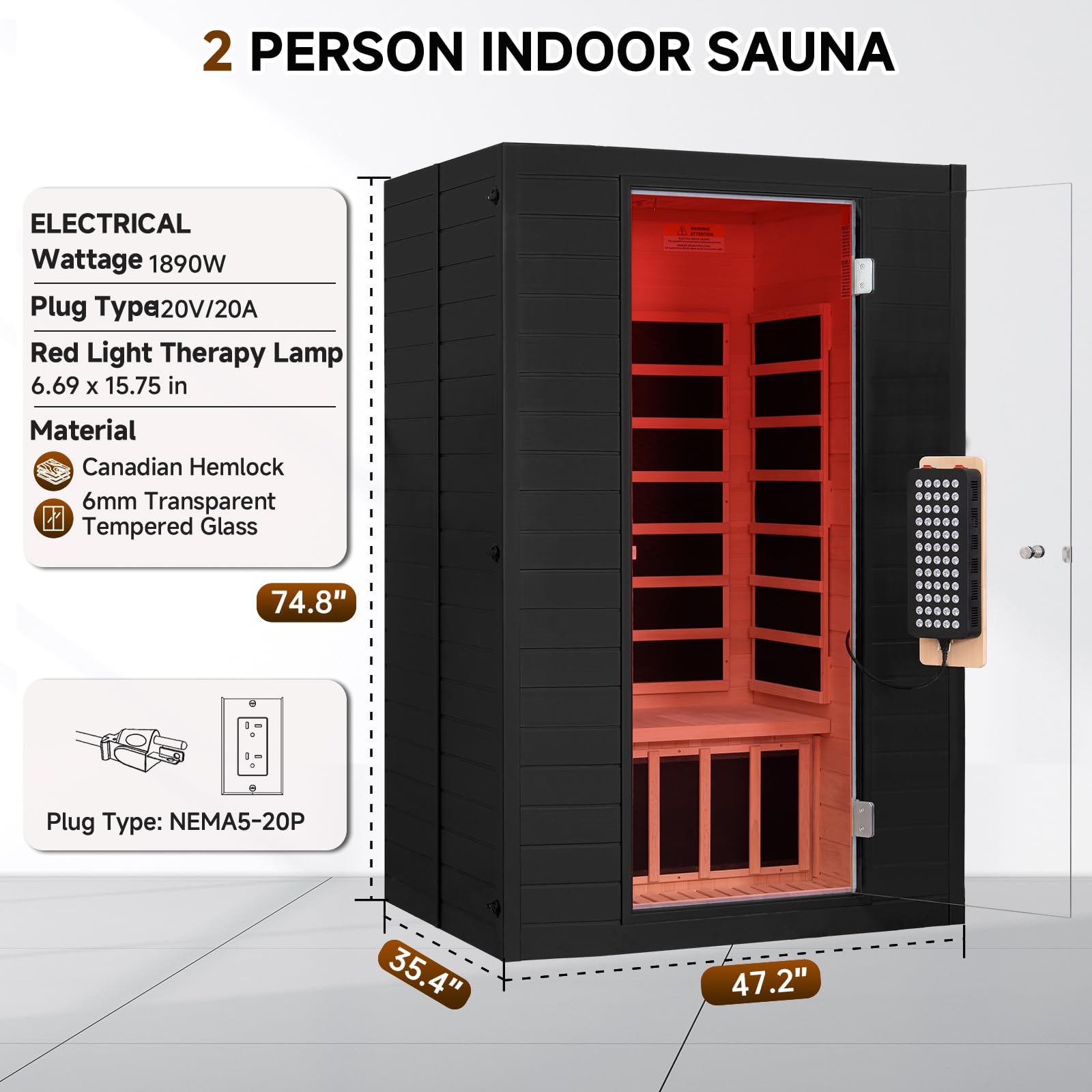 springspa 2 Person Full Spectrum Infrared Sauna with Red Light Therapy