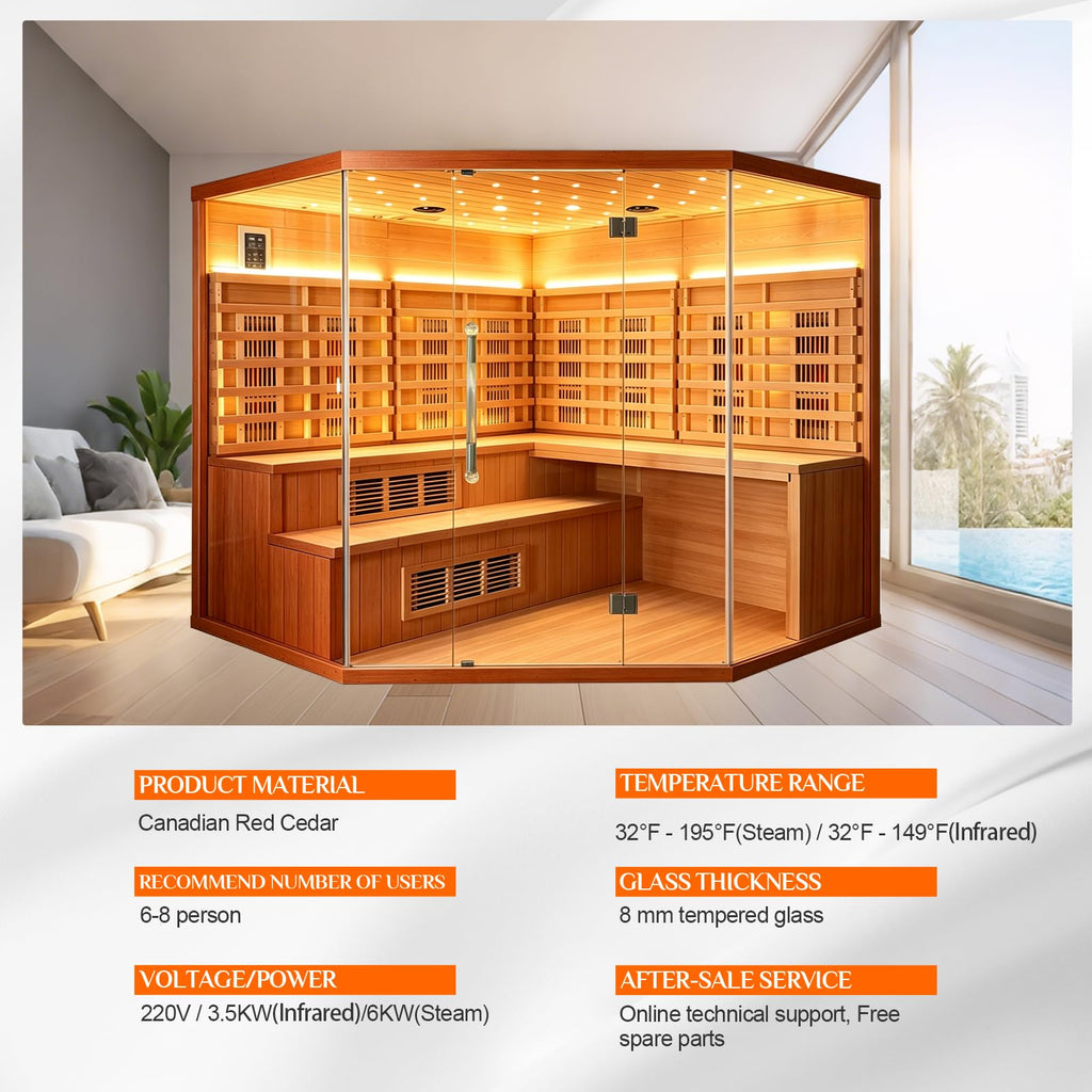 Smartmak 6-8 Person Hybrid Corner Home Wood Sauna, Canadian Red Cedar WiFi Indoor Traditional Steam & Full Spectrum Infrared Saunas Spa, 10 Heating Elements & Harvia Stove (0-195℉)