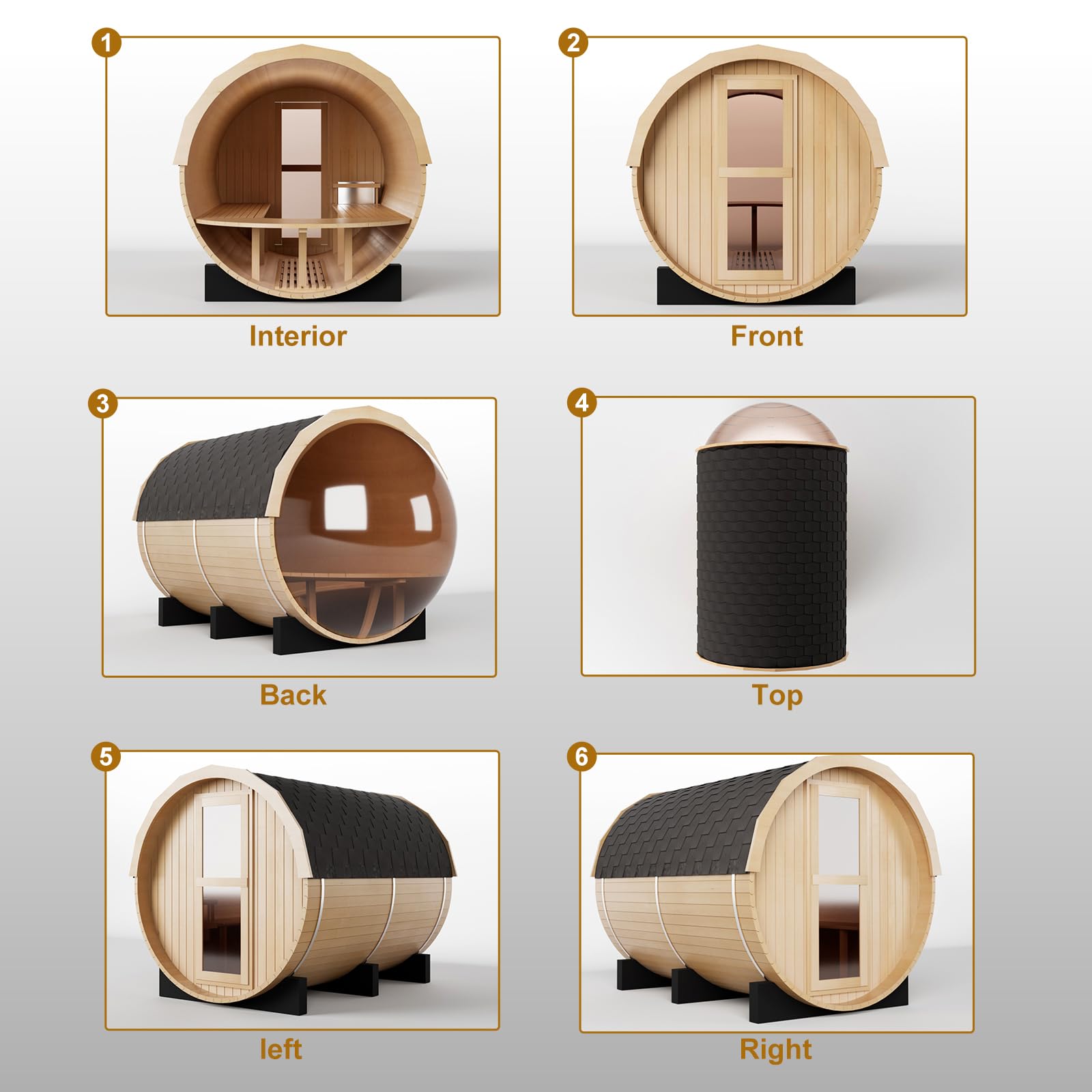 Smartmak Outdoor Panoramic Barrel Sauna, 6-8 People Imported Canadian Hemlock Sauna, 6KW Harvia Electric Heating Furnace, Asphalt Shingle Roof with Sauna Stone, Wooden Barrels, Sauna Accessories