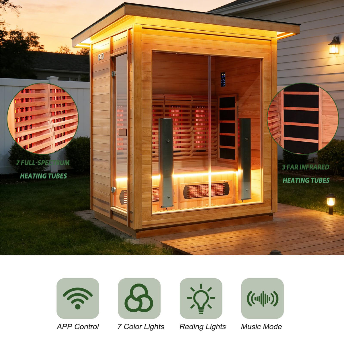 3-4 Person Luxurious Hybrid Home Wood Sauna, Outdoor WiFi Control Hemlock Traditional Steam Sauna & Far Infrared Spa Room with Full-spectrum Red light Heating Tubes & Electric Stove, Accessories