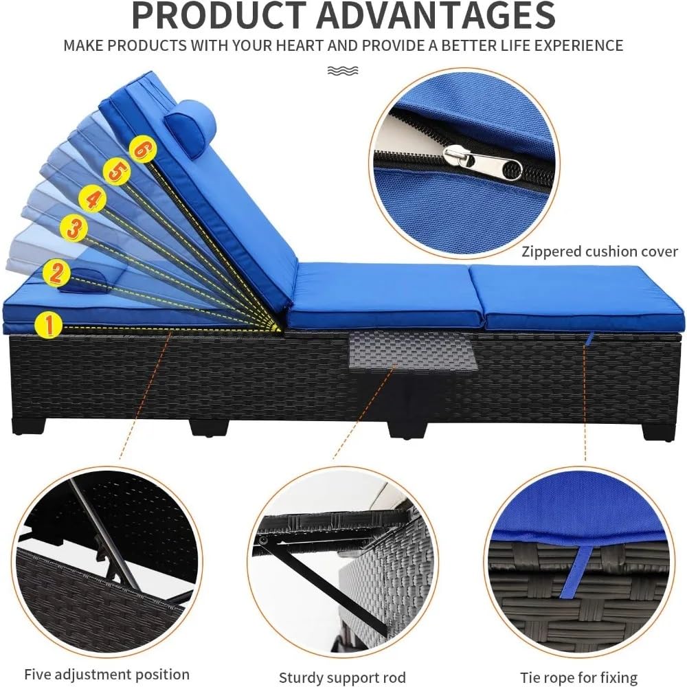 UOPYNE Pool Patio Chaise, Outdoor Chaise Lounge Chair Furniture Set of 2 Black Rattan Adjustable Backrest Recliners Blue Cushion Garden Furniture Sets for Outside Sunbathing Camping Beach
