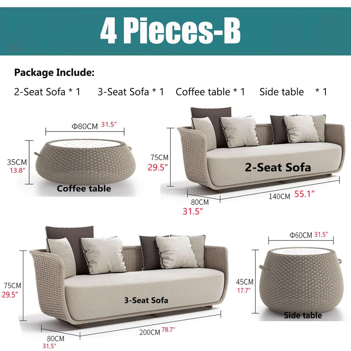 KPHYMOD Outdoor Patio Furniture Sets, Wicker Conversation Set for Porch Deck, Weather Resistant Rattan Sofa Chair with Coffee Table(Color:Beige,Size:4 Pieces-B)