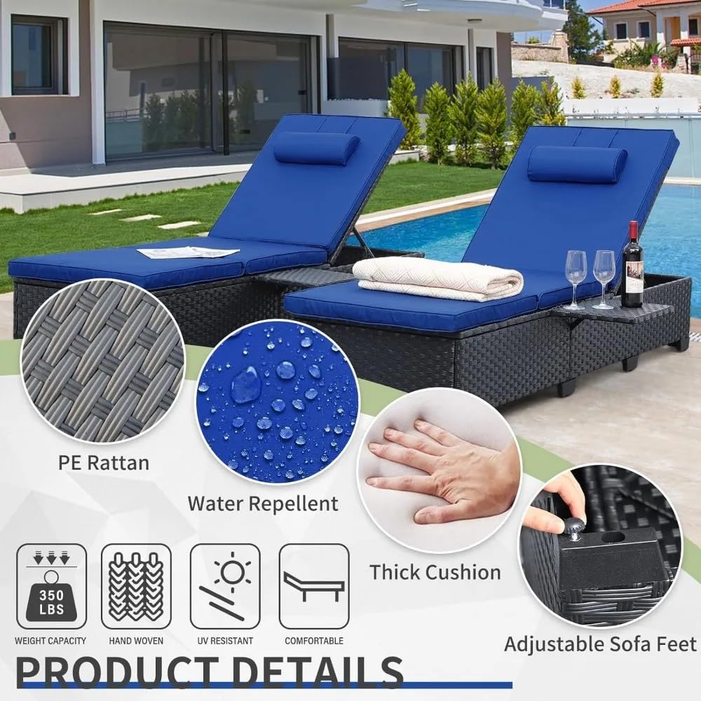 UOPYNE Pool Patio Chaise, Outdoor Chaise Lounge Chair Furniture Set of 2 Black Rattan Adjustable Backrest Recliners Blue Cushion Garden Furniture Sets for Outside Sunbathing Camping Beach