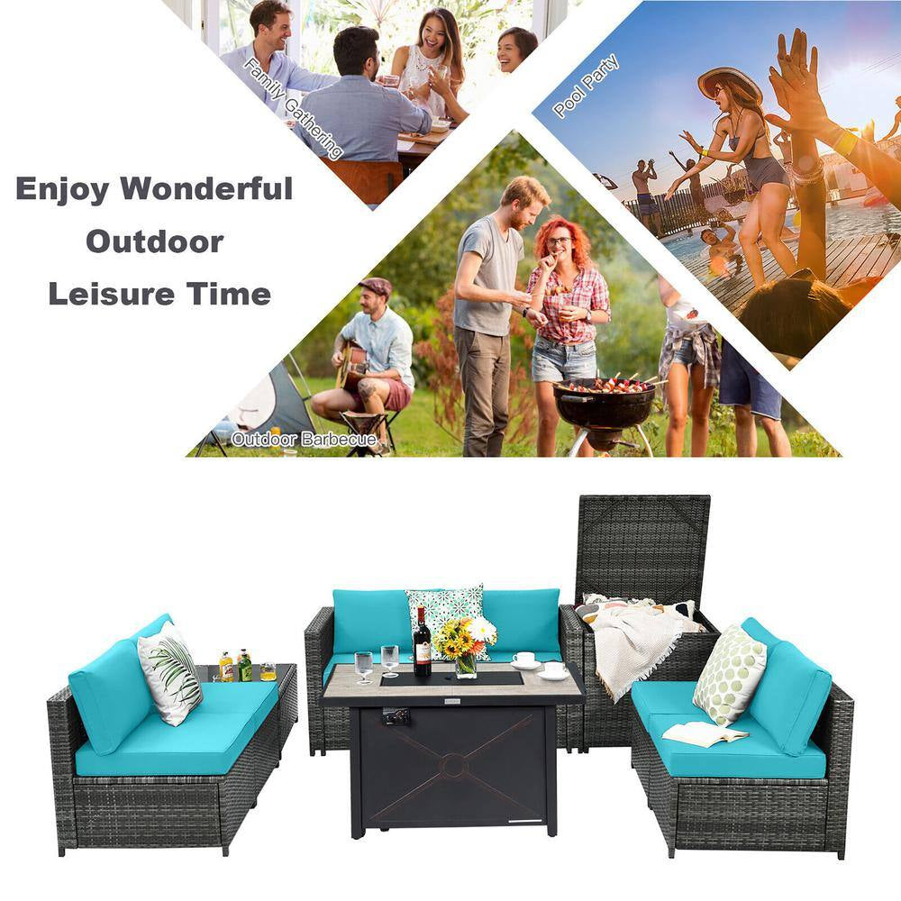 9-Pieces Patio Rattan Furniture Set Fire Pit Table Storage Black with Cover Turquoise