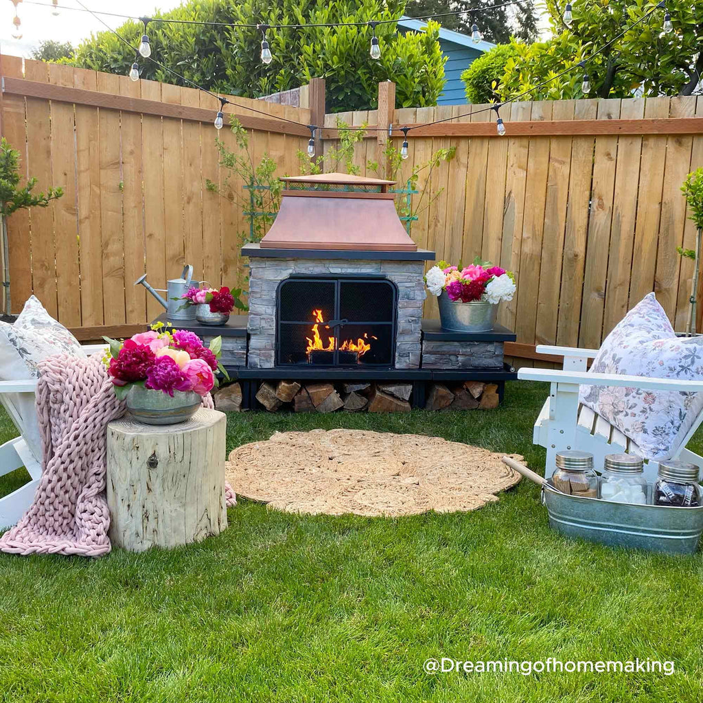 Outdoor 48 Inch Steel Wood Burning Stone Fireplace with Fire Poker and Removable Grate