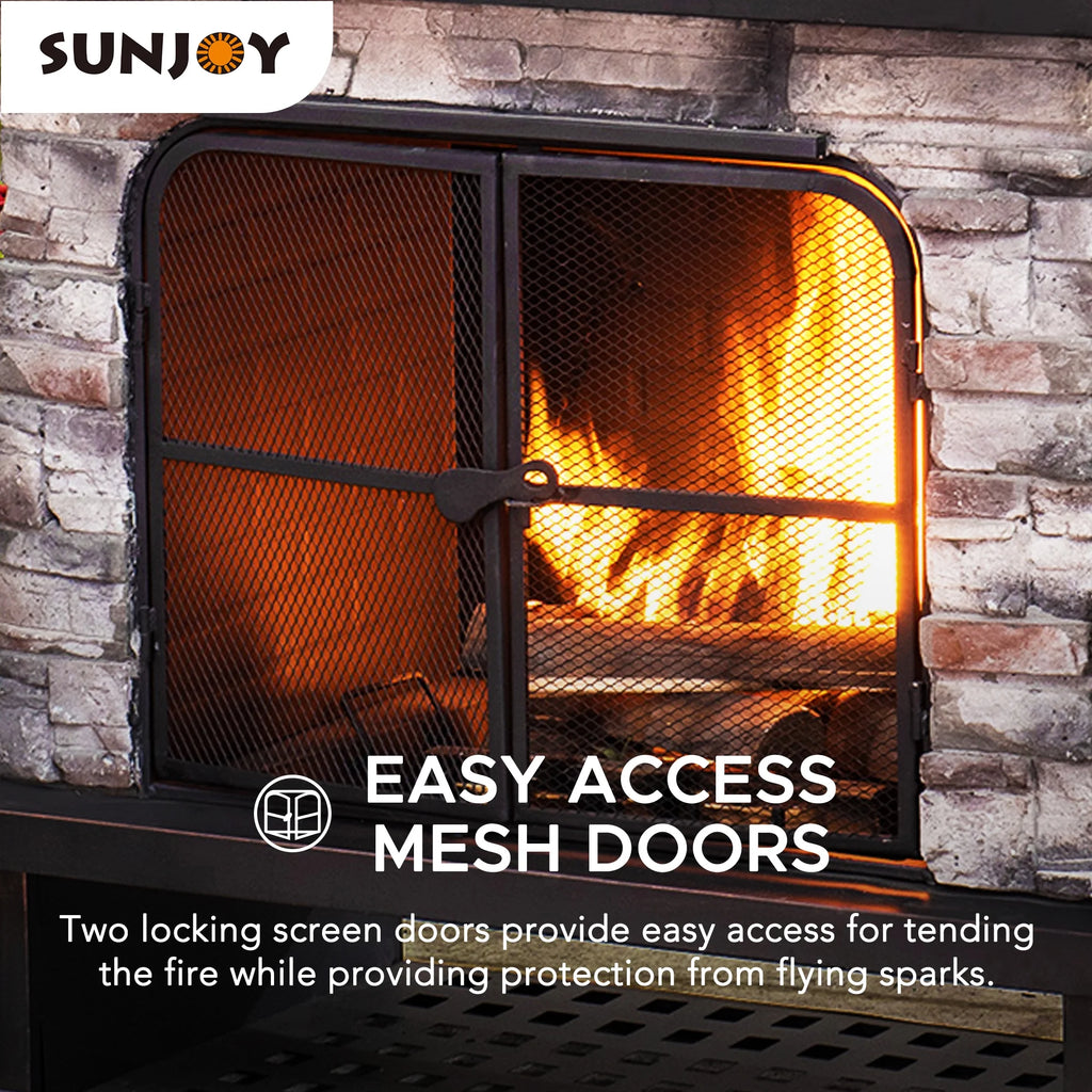 Outdoor 48 Inch Steel Wood Burning Stone Fireplace with Fire Poker and Removable Grate