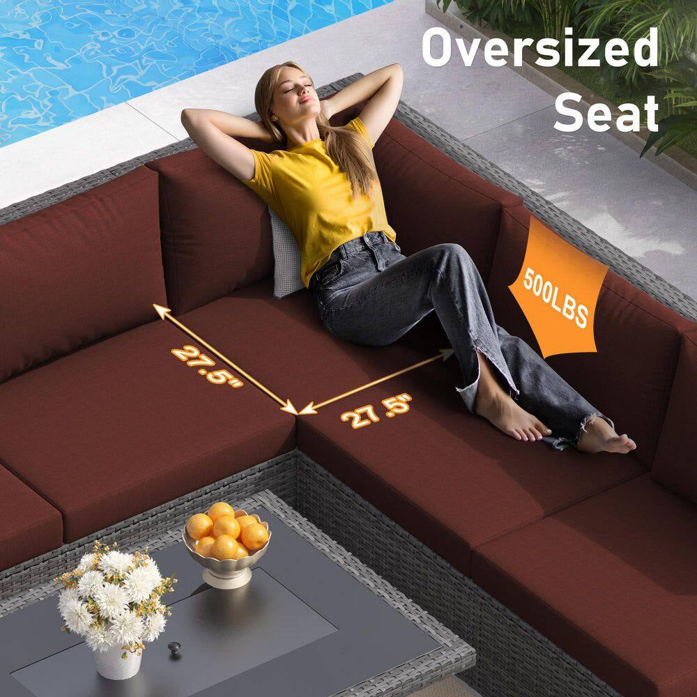 15-Piece Large Size Gray Wicker Patio Conversation Sofa Set with Dark Red Cushions Fire Pit Table and Coffee Tables