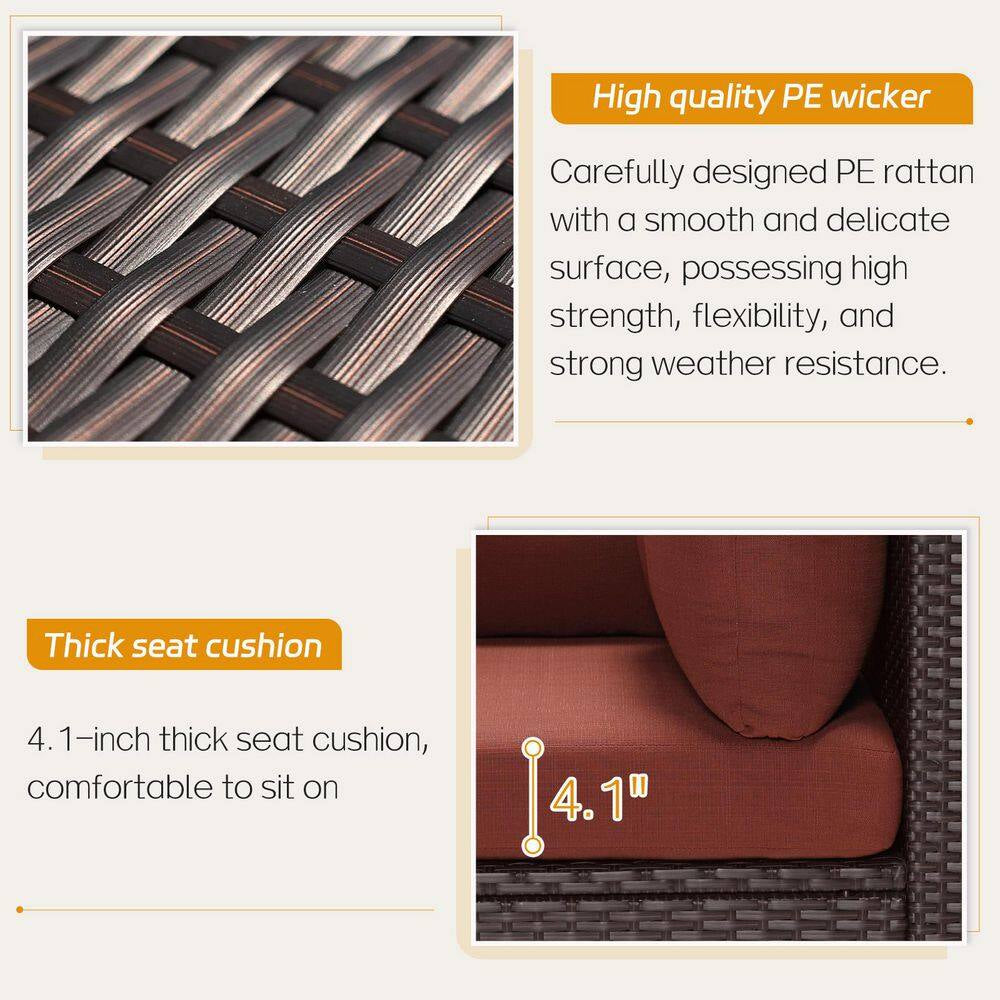 7 Piece Large Espresso Wicker Patio Fire Pit Sectional Deep Seating Sofa Set with Ottamans and Ruby Red Cushions