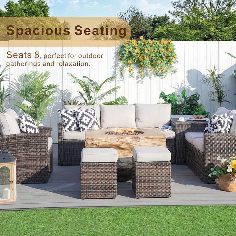 Arthur 7 -Piece Wicker Patio Sofa Conversation Set with Tan Cushions