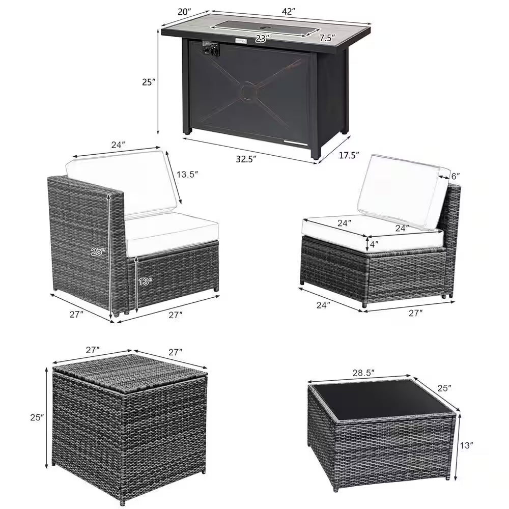 9-Pieces Patio Rattan Furniture Set Fire Pit Table Storage Black with Cover off White