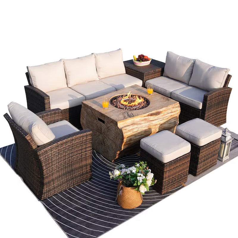 Arthur 7 -Piece Wicker Patio Sofa Conversation Set with Tan Cushions