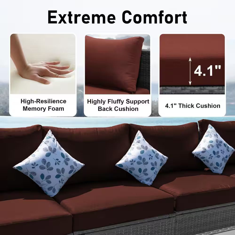 15-Piece Large Size Gray Wicker Patio Conversation Sofa Set with Dark Red Cushions Fire Pit Table and Coffee Tables