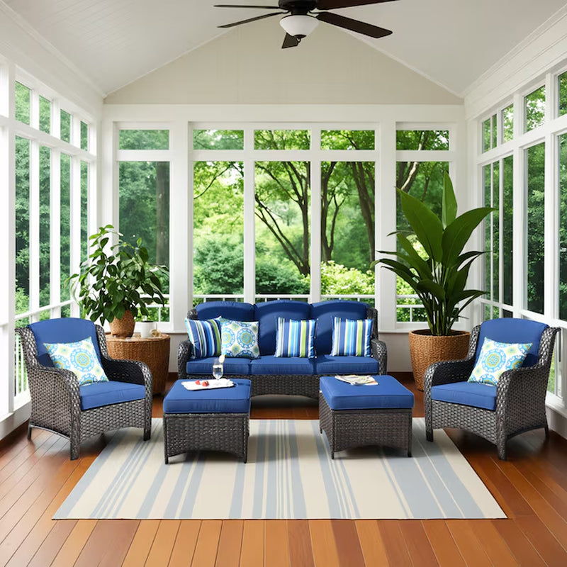 New Kenard 5 -Piece Woven Patio Sofa Conversation Set with Blue Cushions