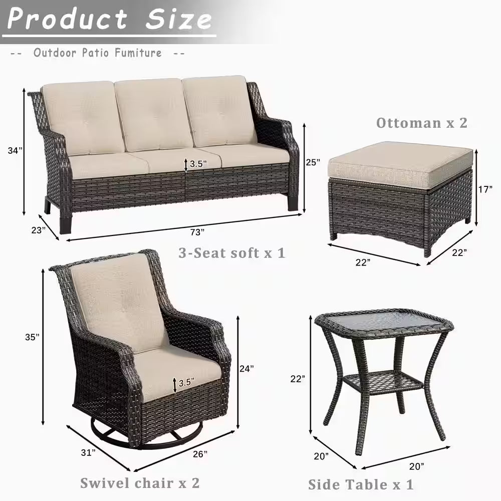 6-Pieces Wicker Outdoor Patio Furniture Set Rattan Chair Wicker Set with Beige Cushion
