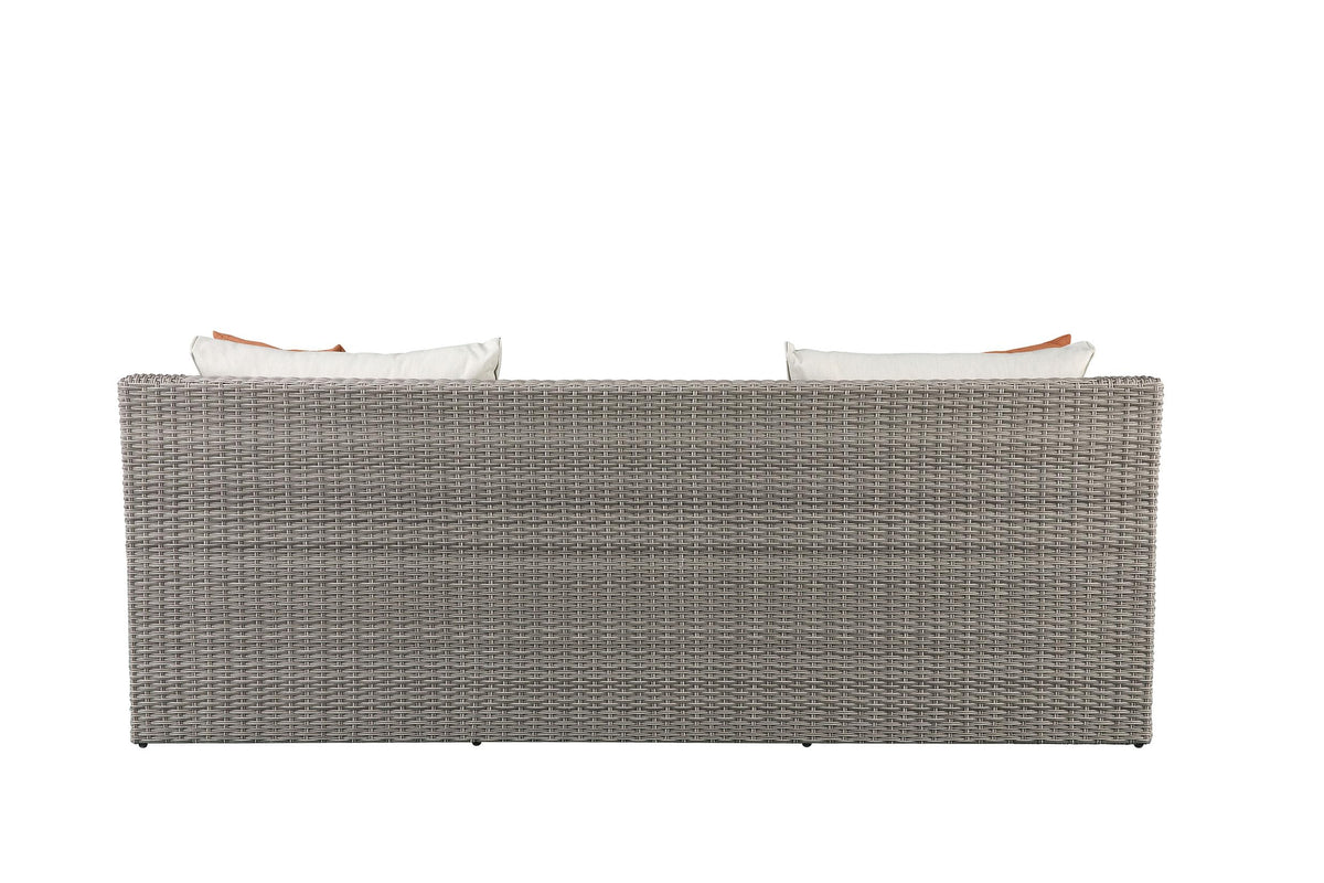 Beige Fabric Gray Wicker Patio Sofa W,2 Pillows 2 Ottomans