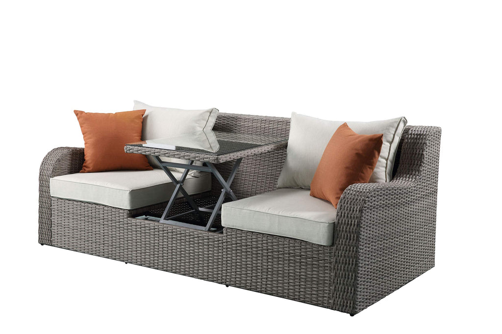 Beige Fabric Gray Wicker Patio Sofa W,2 Pillows 2 Ottomans