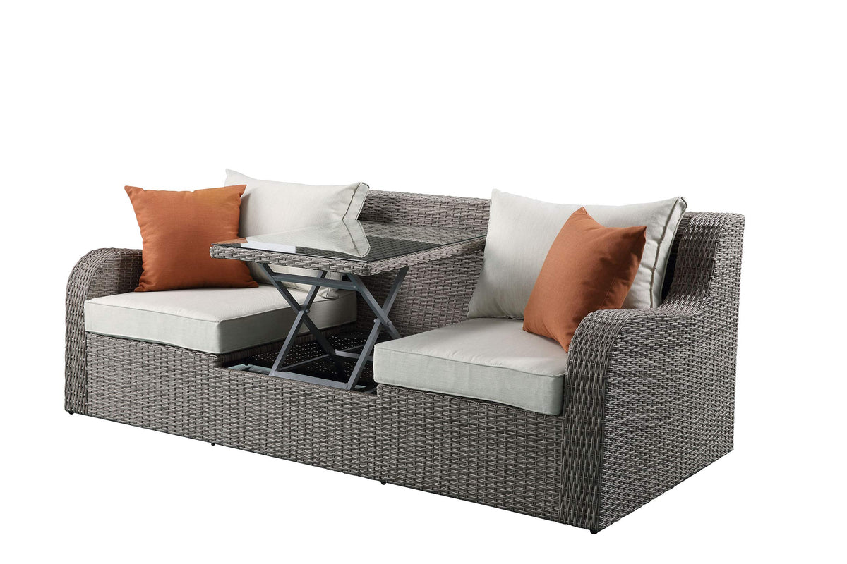 Beige Fabric Gray Wicker Patio Sofa W,2 Pillows 2 Ottomans