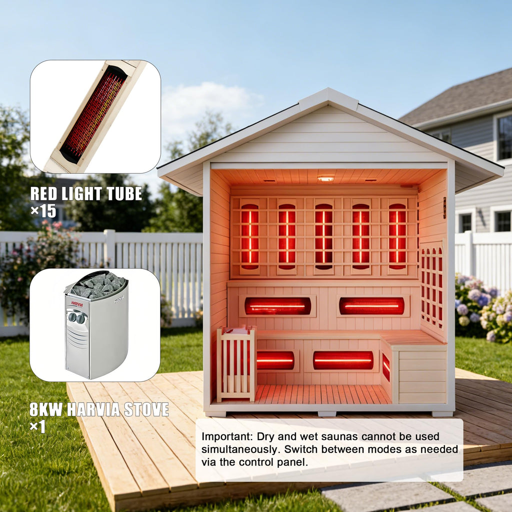Benovo 6-8 Person Outdoor Sauna,Dual Dry/Wet System 220V 8 KW Electric Stove Far Infrared Backyard Spruce Steam Sauna Kit with LCD Panel &WiFi Control (White-6 Person)