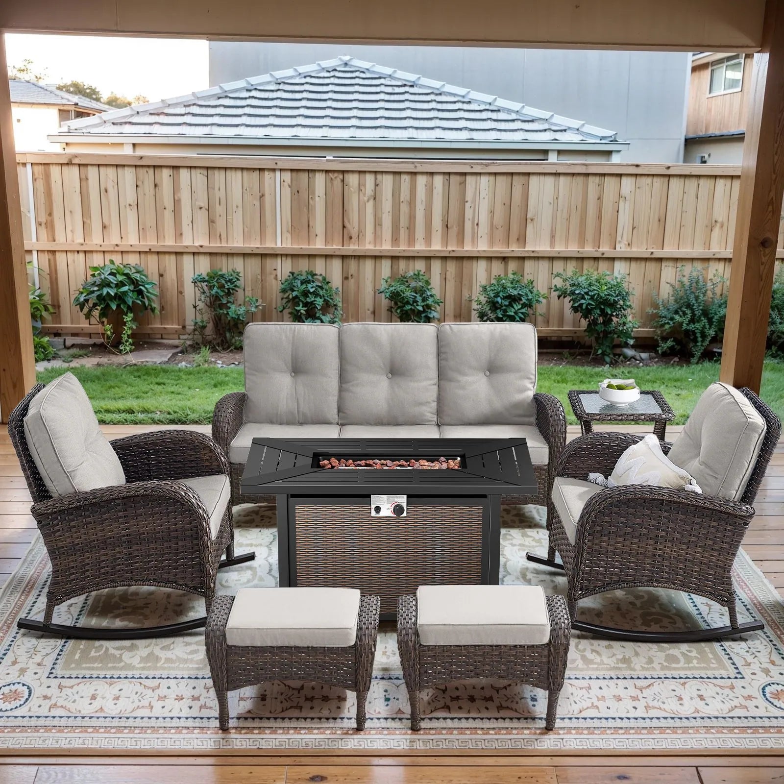 Outdoor Fire Pit Conversation Set, 3-Seat Sofa & Chairs Patio Furniture Set