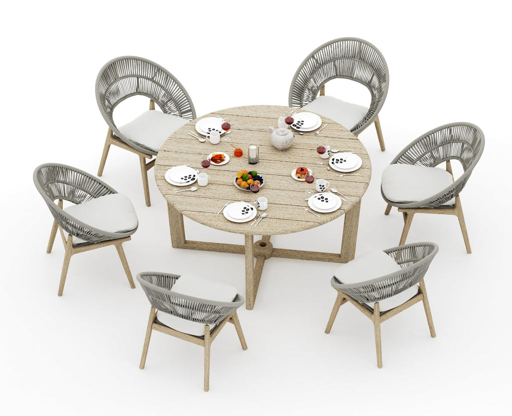 WholesaleTeakFurniture Grade-A Weathered Teak Wood 6 Seater 7 Pc Dining Set: 60" SEMA Round Table and 6 Robas Arm Chairs #21Ro3506