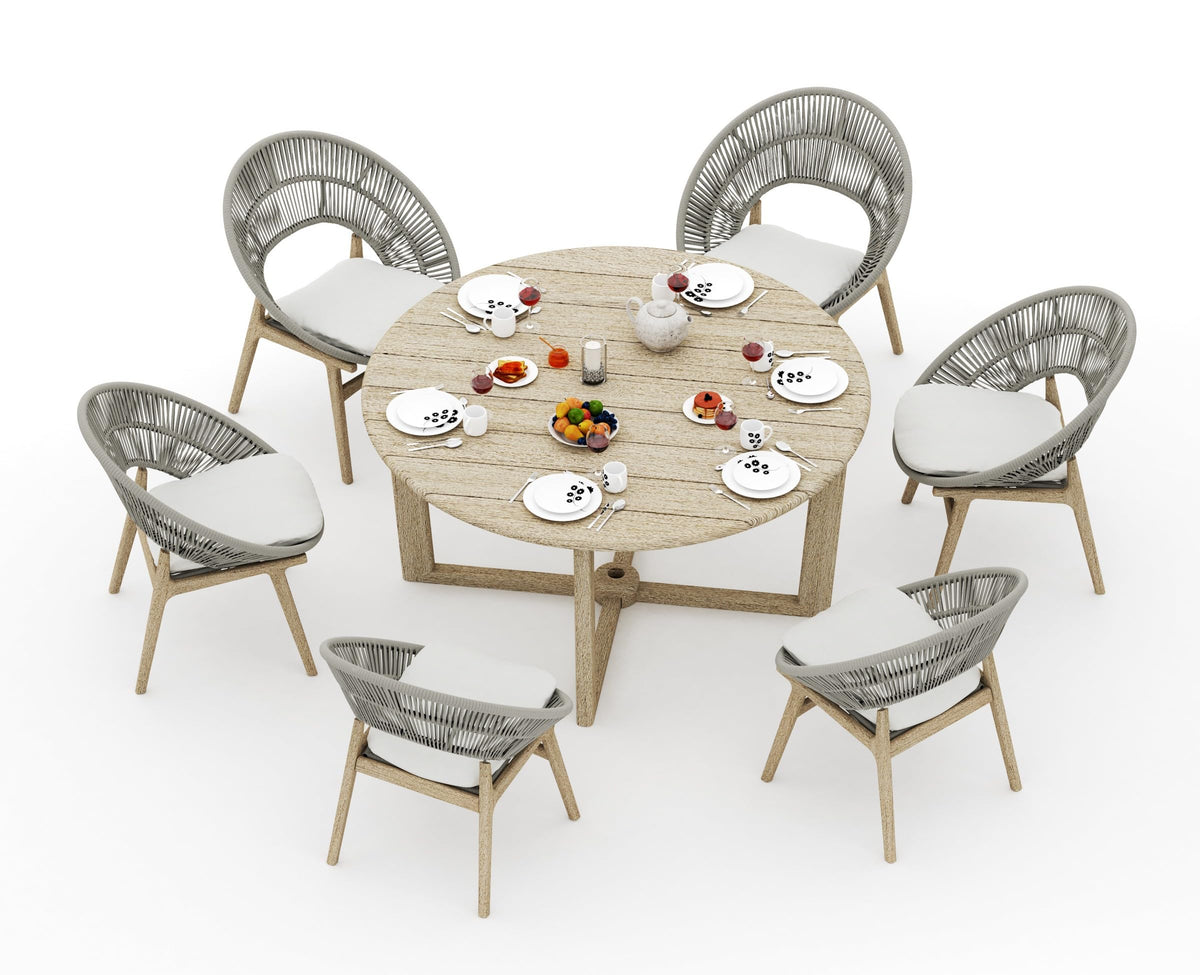 WholesaleTeakFurniture Grade-A Weathered Teak Wood 6 Seater 7 Pc Dining Set: 60" SEMA Round Table and 6 Robas Arm Chairs #21Ro3506