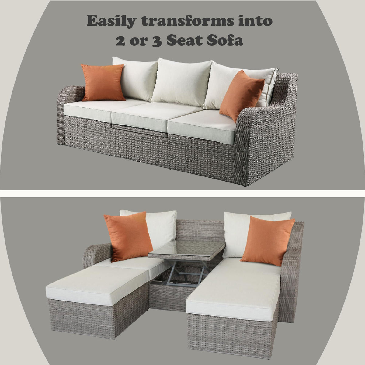 Beige Fabric Gray Wicker Patio Sofa W,2 Pillows 2 Ottomans