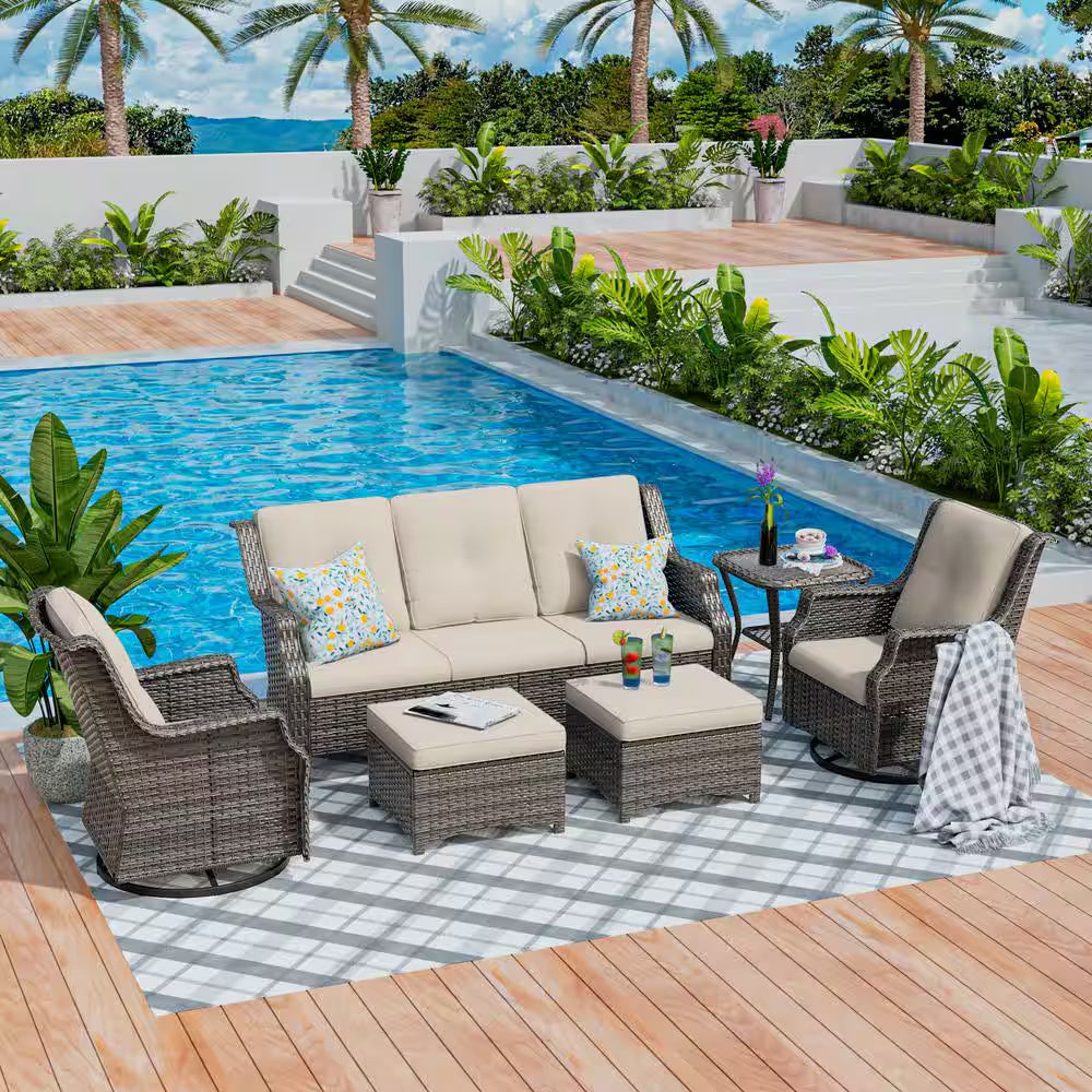 6-Pieces Wicker Outdoor Patio Furniture Set Rattan Chair Wicker Set with Beige Cushion