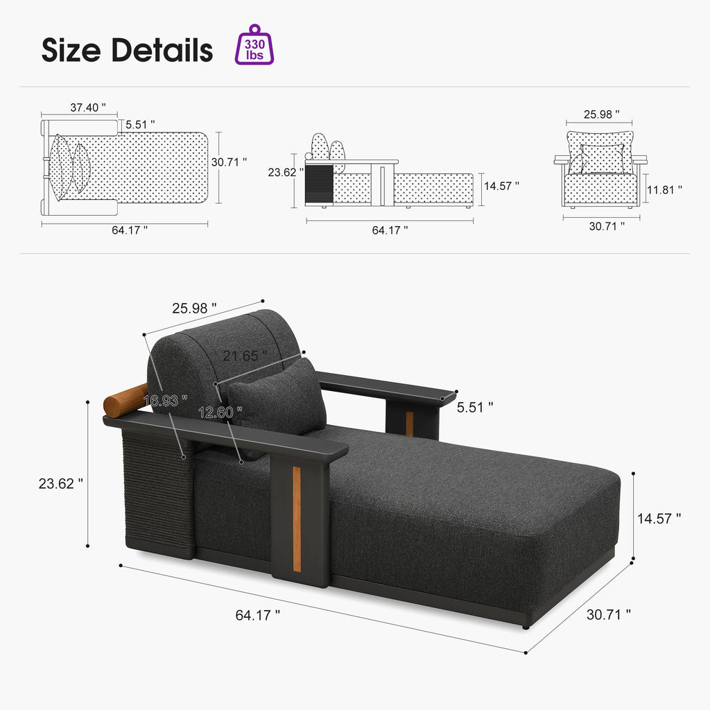 PURPLE LEAF Outdoor Lounge Chair Thick Cushion Oversized Luxury Chaise Grey