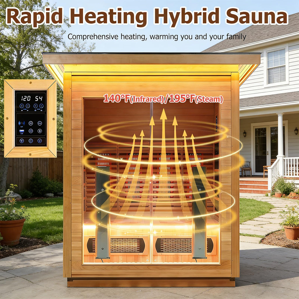3-4 Person Luxurious Hybrid Home Wood Sauna, Outdoor WiFi Control Hemlock Traditional Steam Sauna & Far Infrared Spa Room with Full-spectrum Red light Heating Tubes & Electric Stove, Accessories