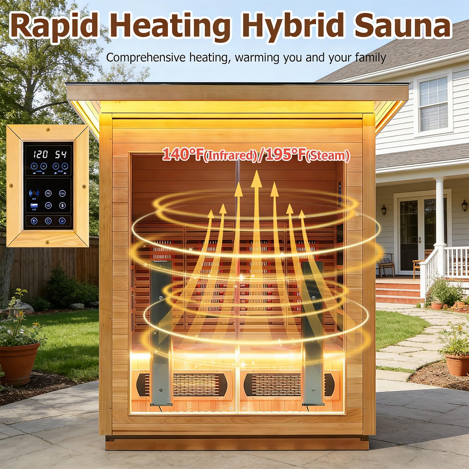 3-4 Person Luxurious Hybrid Home Wood Sauna, Outdoor WiFi Control Hemlock Traditional Steam Sauna & Far Infrared Spa Room with Full-spectrum Red light Heating Tubes & Electric Stove, Accessories
