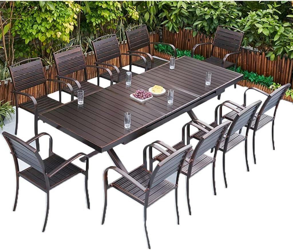 JOMRTS Patio Dining Set 11-Piece Aluminum Tableware Set for Outdoor Terrace, Extendable Table and Stackable Storage Chairs, Easy-to-Clean, All-Weather