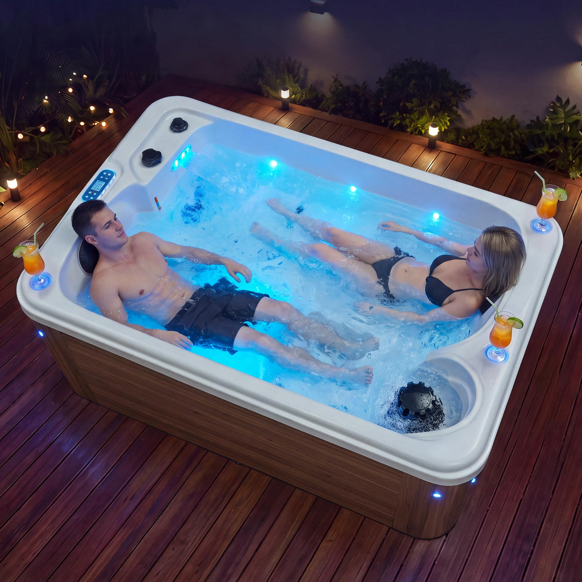 Acrylic Hot Tub Indoor Outdoor - 2 Person Bathtub for Family 22 Hydro Jets, 2 Speakers, LED Lights, Ozonator & Cover – Taupe Colored Ground Spa Machine for Relaxation (2 Person)