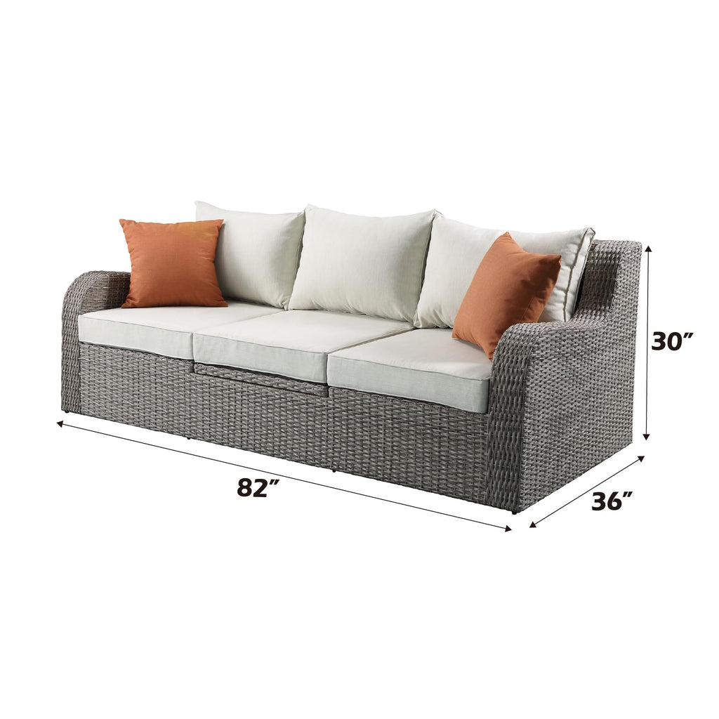 Beige Fabric Gray Wicker Patio Sofa W,2 Pillows 2 Ottomans