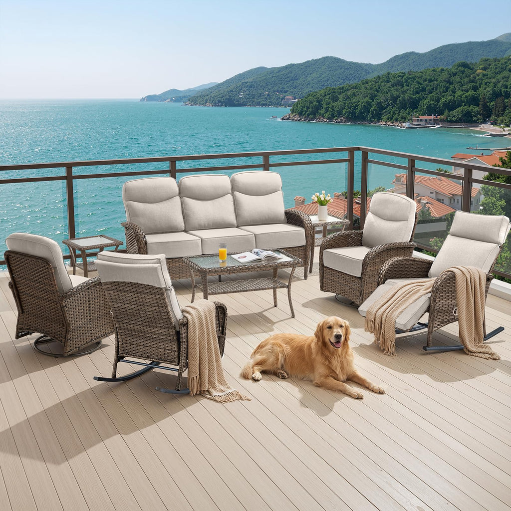 ACTREST Outdoor Recliner Rocking Chairs with Adjustable Backrest&Ottoman - Set of 2 Dural-Adjust High Back Brown Wicker Patio Lounges Reclining Rockers for Porch Poolside Pool Sunbathing - Beige