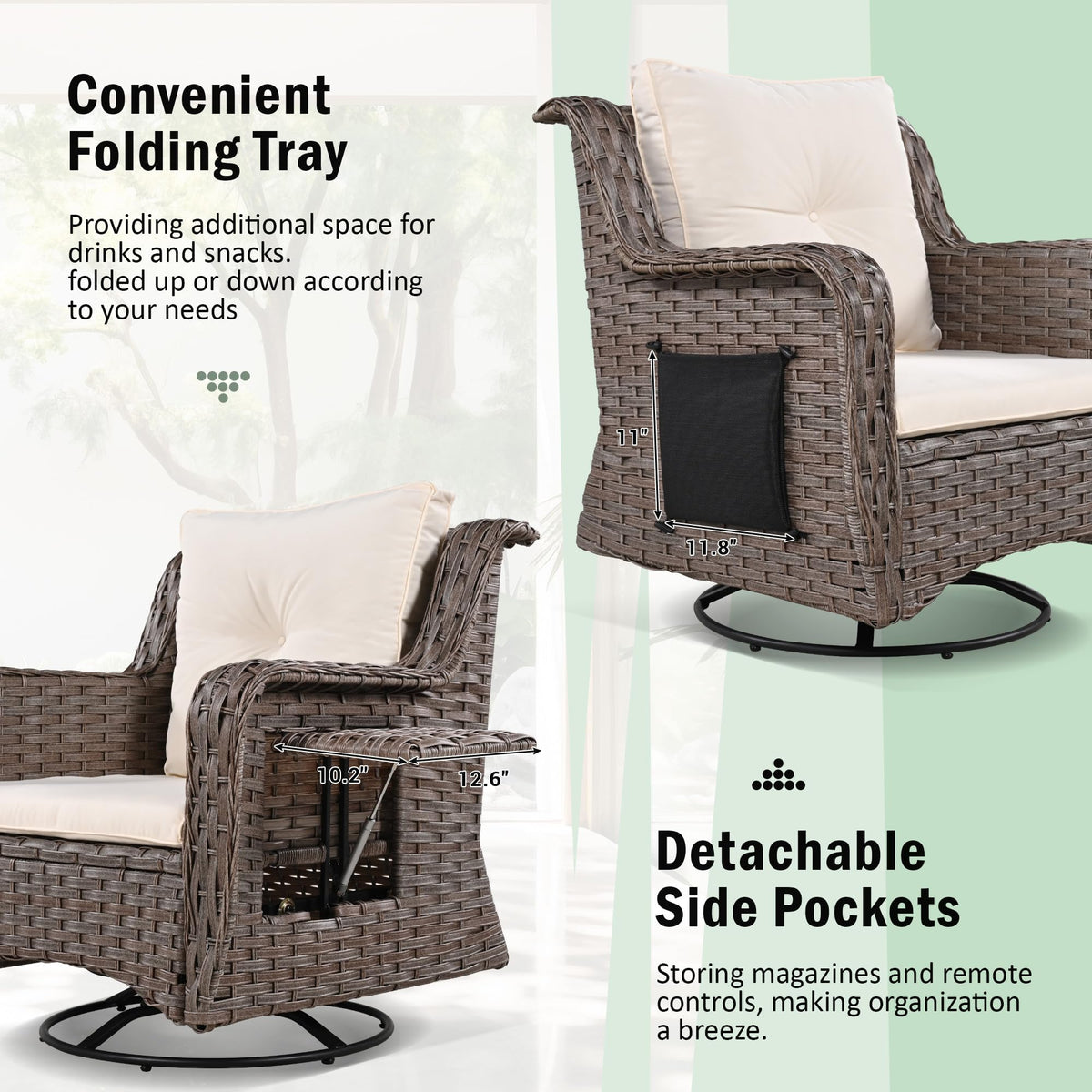 5 Pcs Outdoor Patio Furniture Set with Pet House Cool Bar and Retractable Side Tray, Rattan Wicker Patio Swivel Rocking Chairs Set of 2 with Ottomans for Backyard, Porch, Balcony, Beige