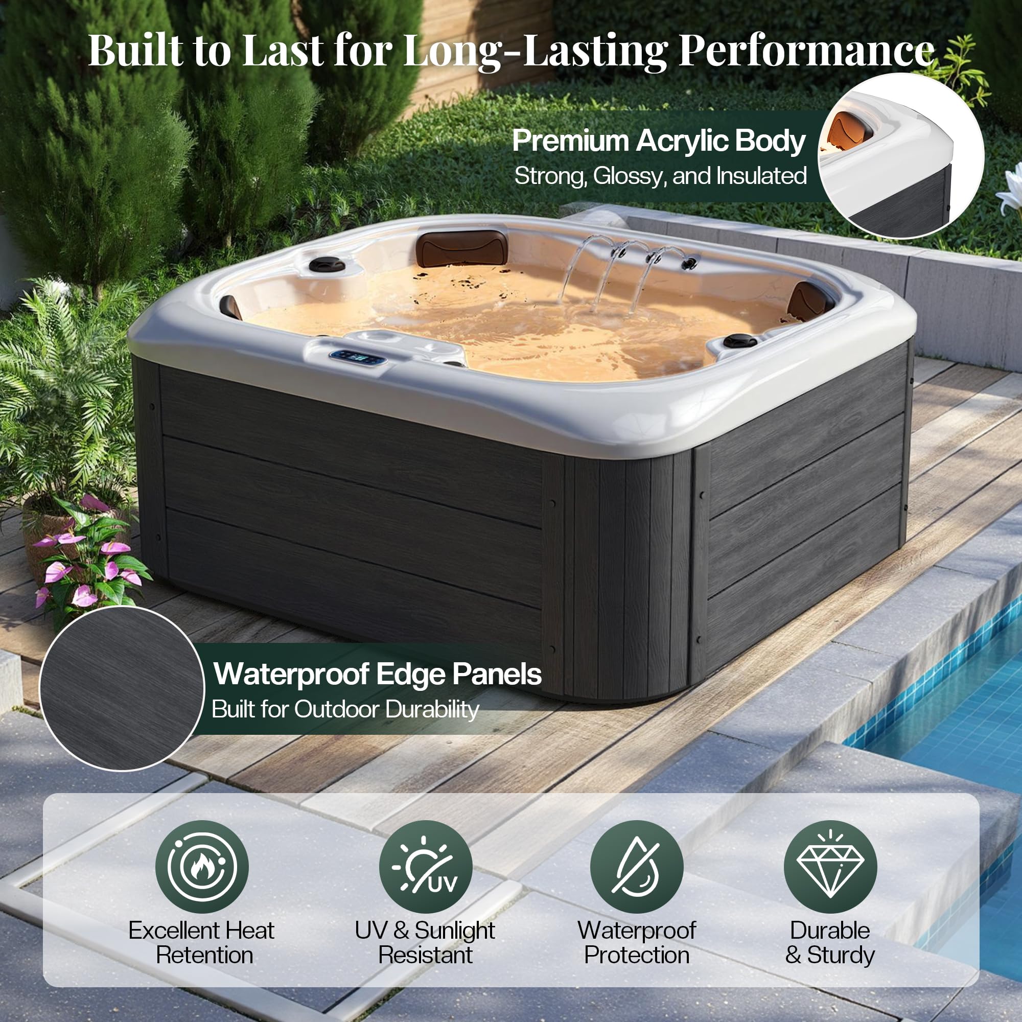 Jocisland 4 Person Outdoor Hot Tub with 23 Stainless Steel Jets, Acrylic