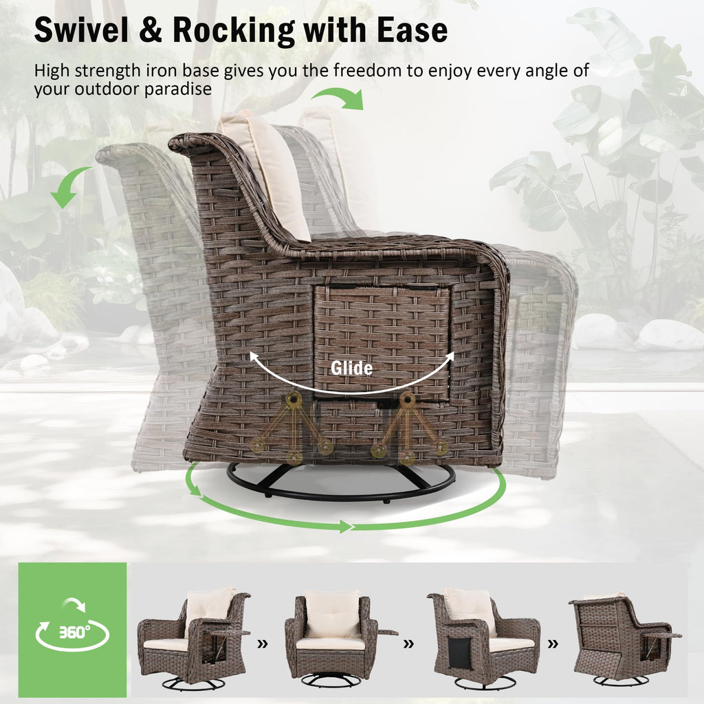 5 Pcs Outdoor Patio Furniture Set with Pet House Cool Bar and Retractable Side Tray, Rattan Wicker Patio Swivel Rocking Chairs Set of 2 with Ottomans for Backyard, Porch, Balcony, Beige