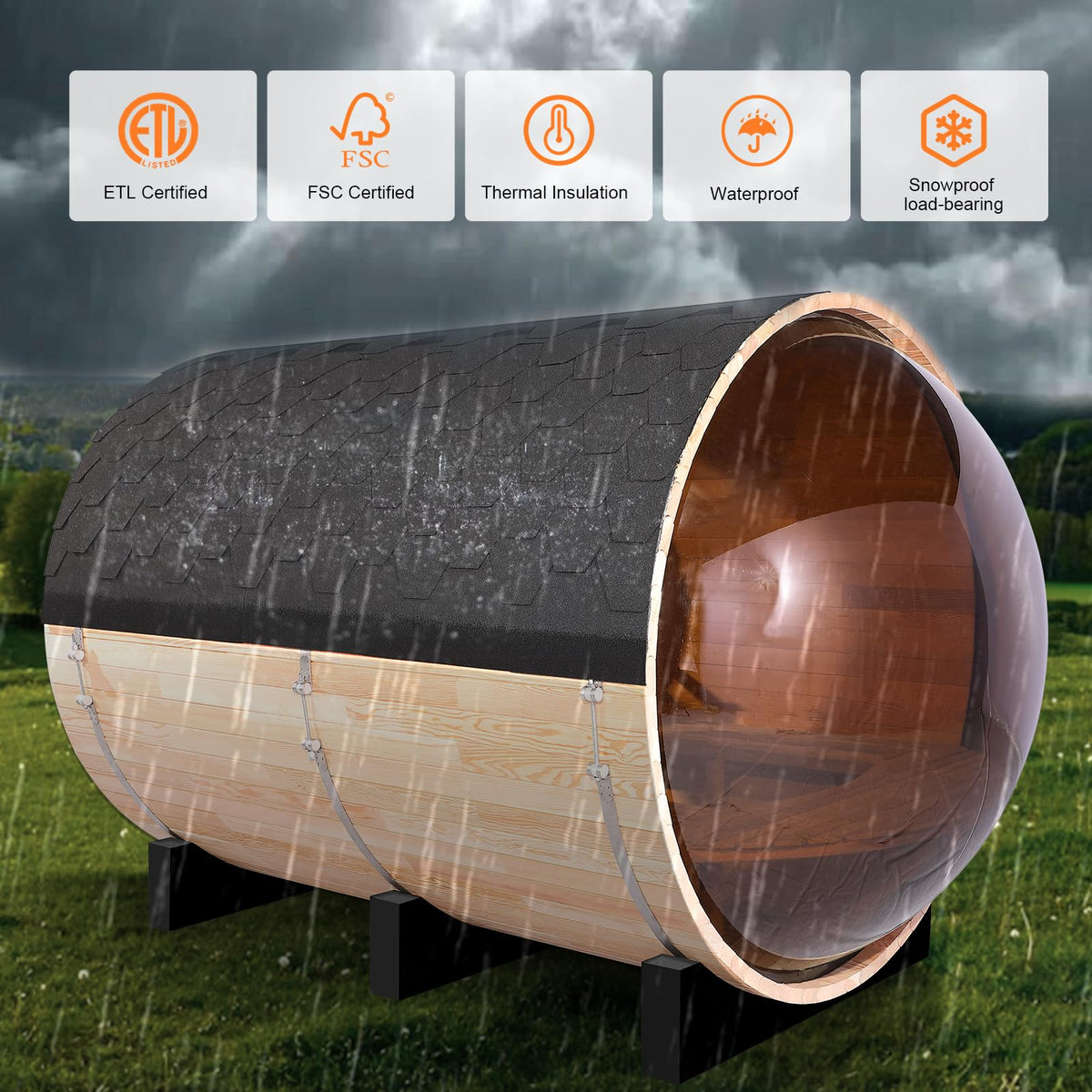 Smartmak Outdoor Panoramic Barrel Sauna, 6-8 People Imported Canadian Hemlock Sauna, 6KW Harvia Electric Heating Furnace, Asphalt Shingle Roof with Sauna Stone, Wooden Barrels, Sauna Accessories