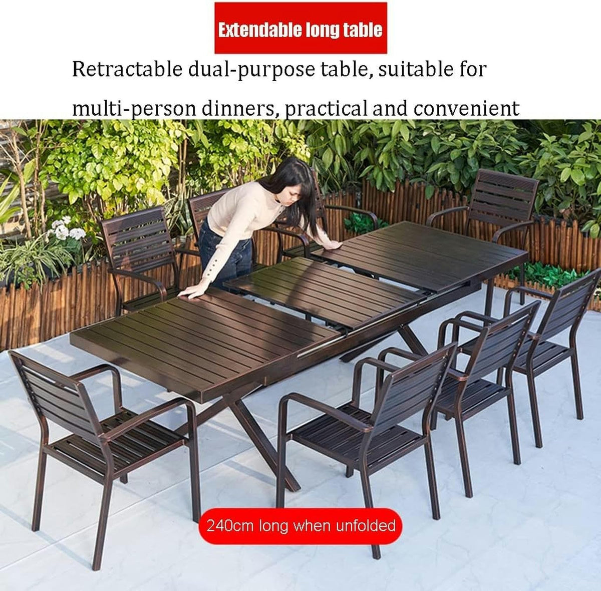 JOMRTS Patio Dining Set 11-Piece Aluminum Tableware Set for Outdoor Terrace, Extendable Table and Stackable Storage Chairs, Easy-to-Clean, All-Weather