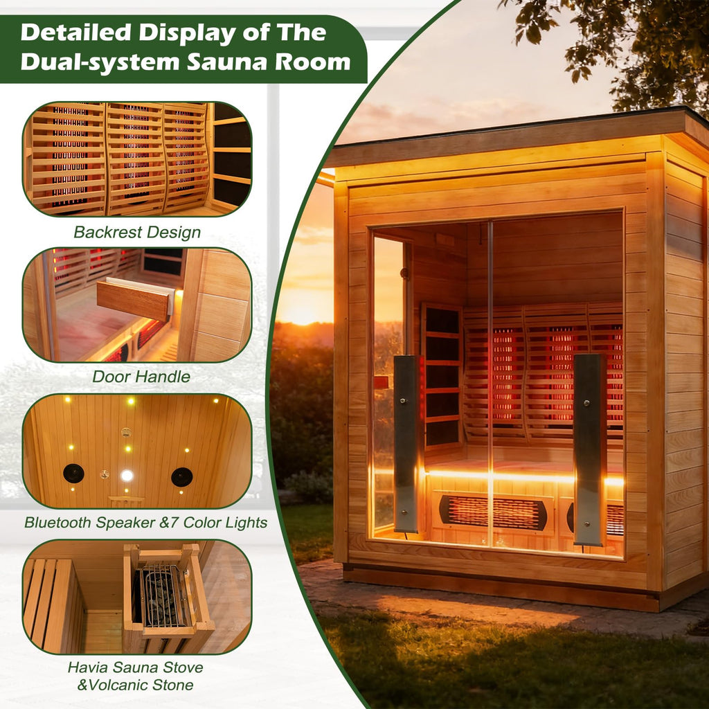 3-4 Person Luxurious Hybrid Home Wood Sauna, Outdoor WiFi Control Hemlock Traditional Steam Sauna & Far Infrared Spa Room with Full-spectrum Red light Heating Tubes & Electric Stove, Accessories