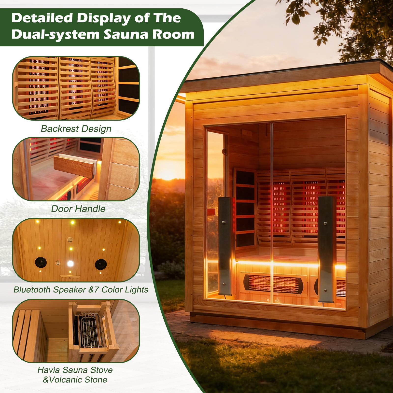 3-4 Person Luxurious Hybrid Home Wood Sauna, Outdoor WiFi Control Hemlock Traditional Steam Sauna & Far Infrared Spa Room with Full-spectrum Red light Heating Tubes & Electric Stove, Accessories