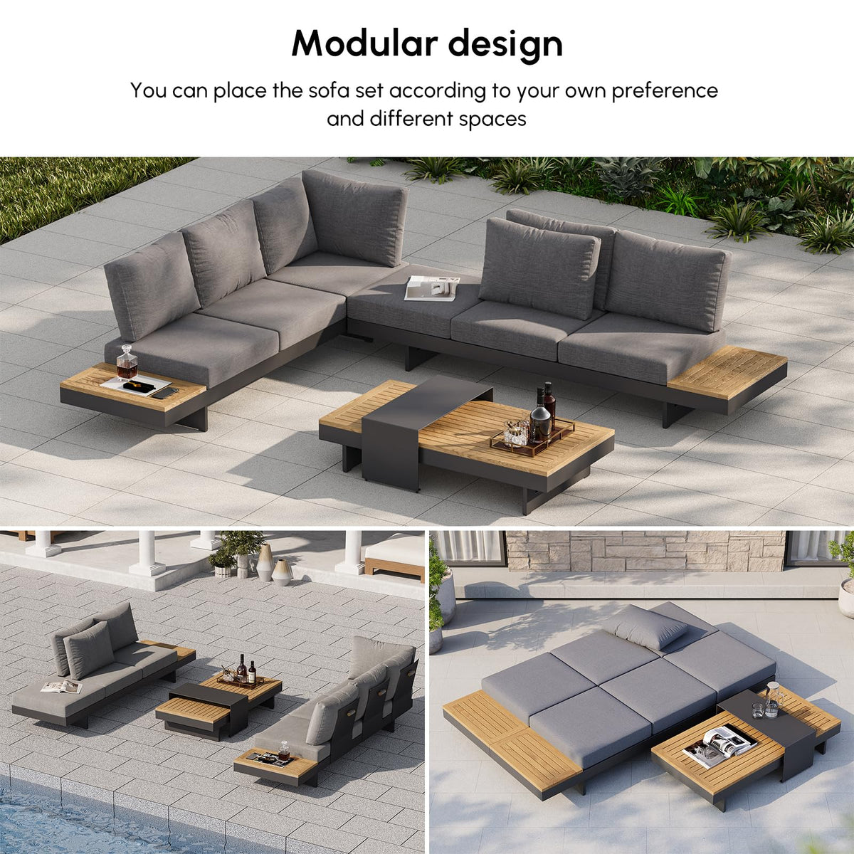 homary Outdoor Conversation Sets, Teak & Aluminum Modular Patio Furniture