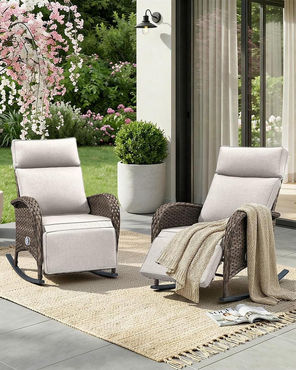 ACTREST Outdoor Recliner Rocking Chairs with Adjustable Backrest&Ottoman - Set of 2 Dural-Adjust High Back Brown Wicker Patio Lounges Reclining Rockers for Porch Poolside Pool Sunbathing - Beige
