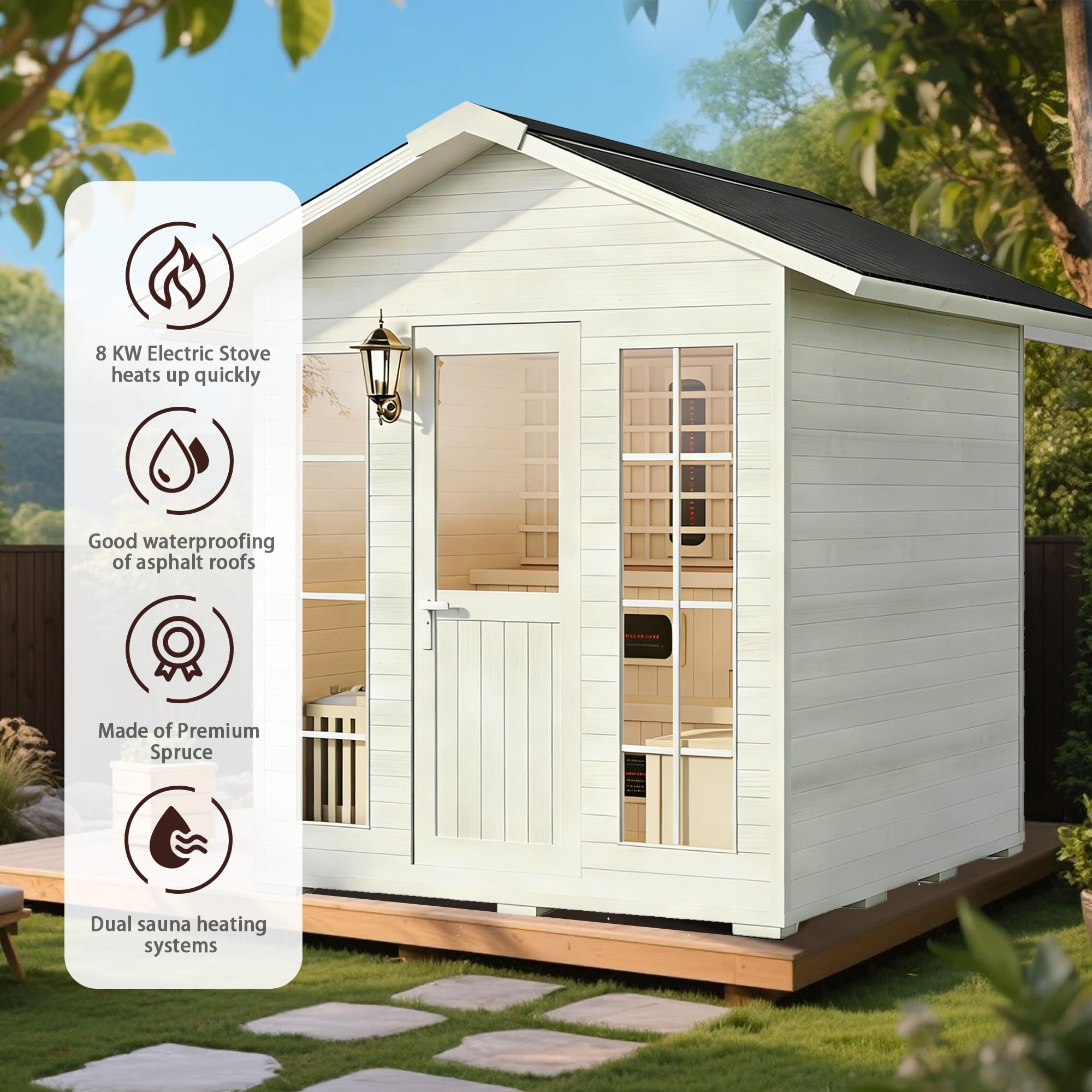 Benovo 6-8 Person Outdoor Sauna,Dual Dry/Wet System 220V 8 KW Electric Stove Far Infrared Backyard Spruce Steam Sauna Kit with LCD Panel &WiFi Control (White-6 Person)