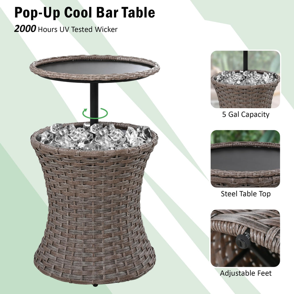5 Pcs Outdoor Patio Furniture Set with Pet House Cool Bar and Retractable Side Tray, Rattan Wicker Patio Swivel Rocking Chairs Set of 2 with Ottomans for Backyard, Porch, Balcony, Beige
