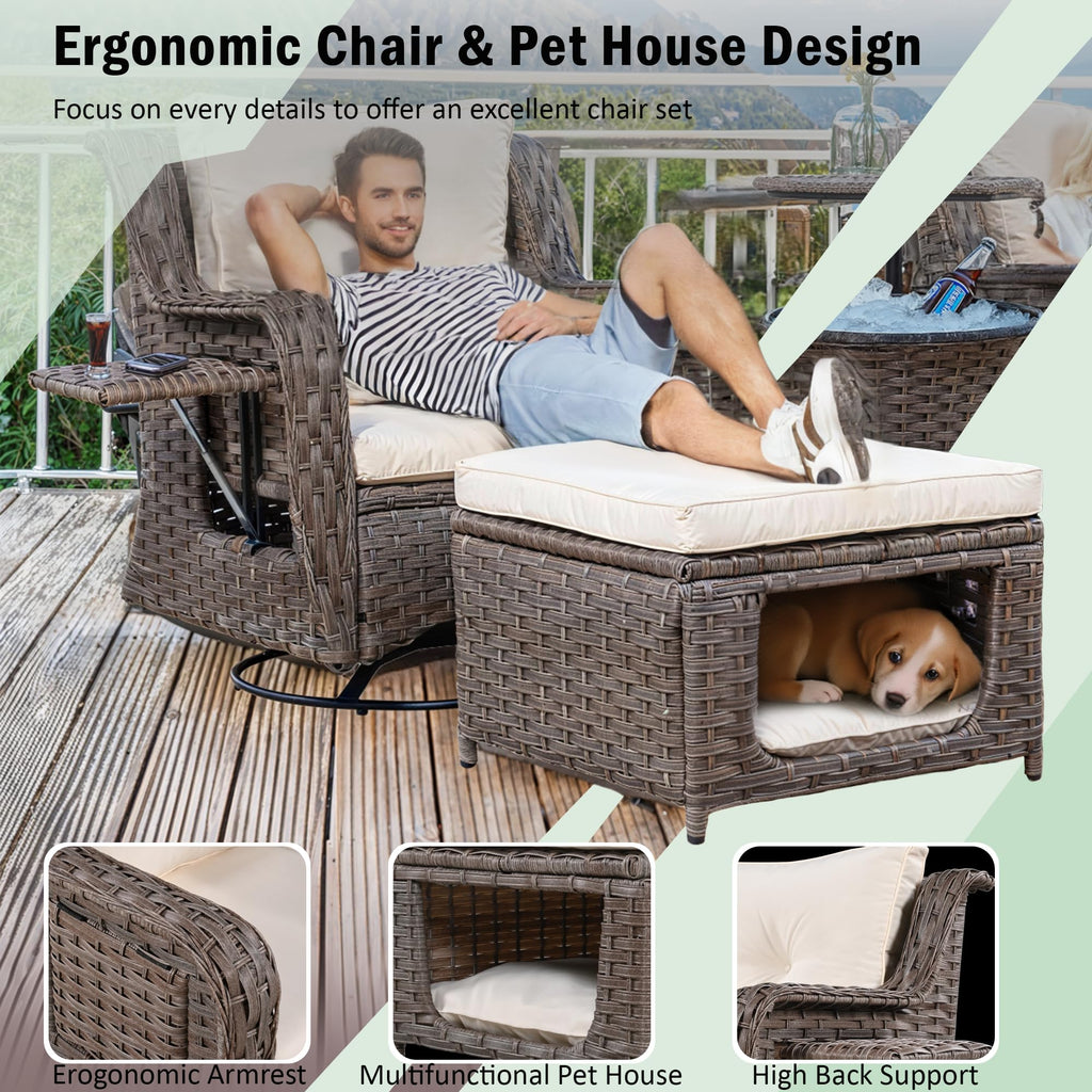 5 Pcs Outdoor Patio Furniture Set with Pet House Cool Bar and Retractable Side Tray, Rattan Wicker Patio Swivel Rocking Chairs Set of 2 with Ottomans for Backyard, Porch, Balcony, Beige