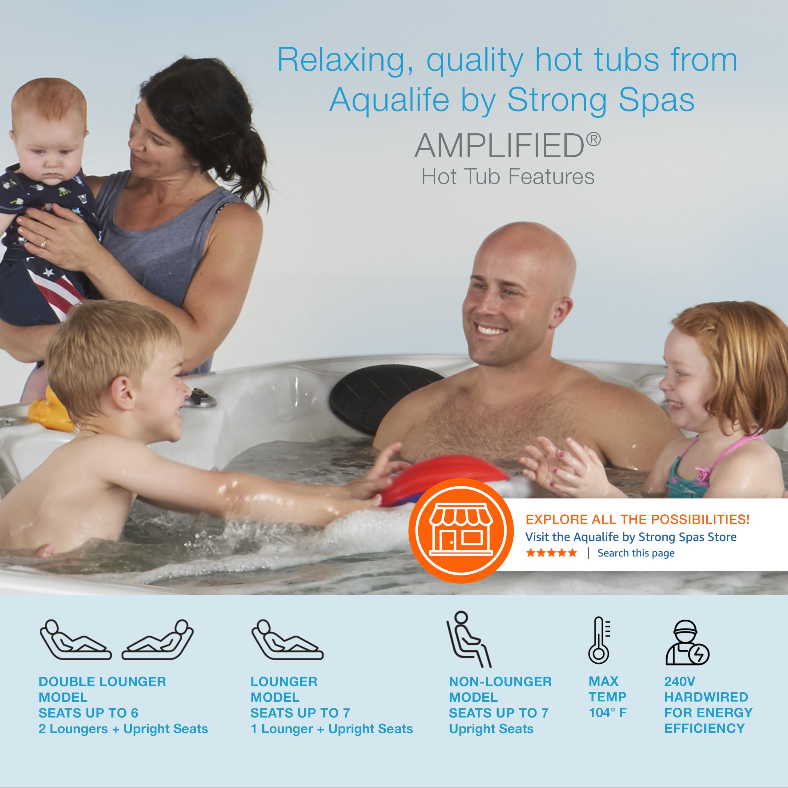 AquaLife Amplified™ 6-Person 100-Jet Acrylic Double Lounger Hot Tub with Bluetooth Stereo, LED Lighting, Insulated Cover, Stainless Steel Heater and Ozonator