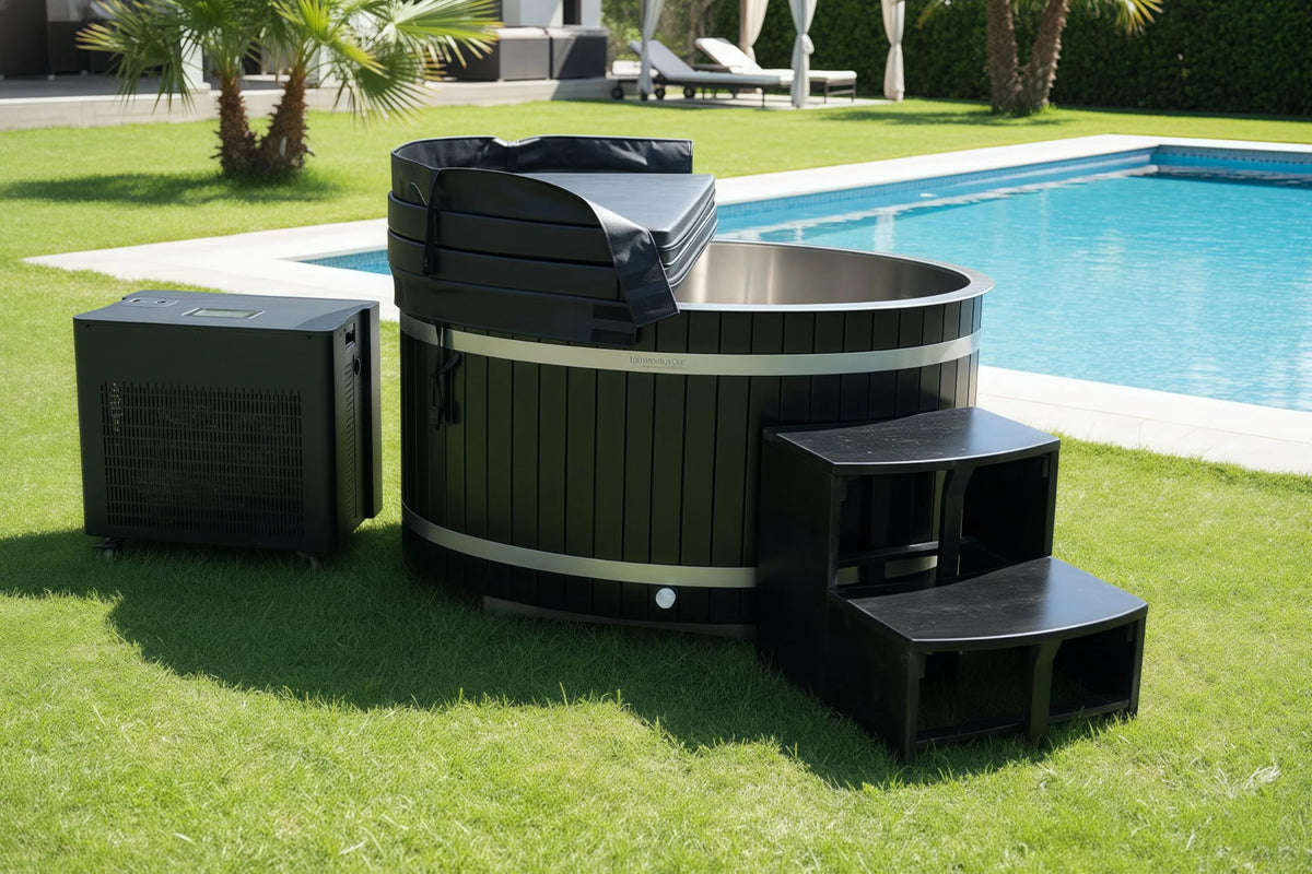 AURGOD Cold Plunge Tub, 1HP Chiller ETL Certificate, 500L 2 Person,Cooling and Heating System, Canadian Red Cedar, Stainless Steel Base -APP Control- Filter - Ozone/UV, Tub Lid -Black(37-107℉)